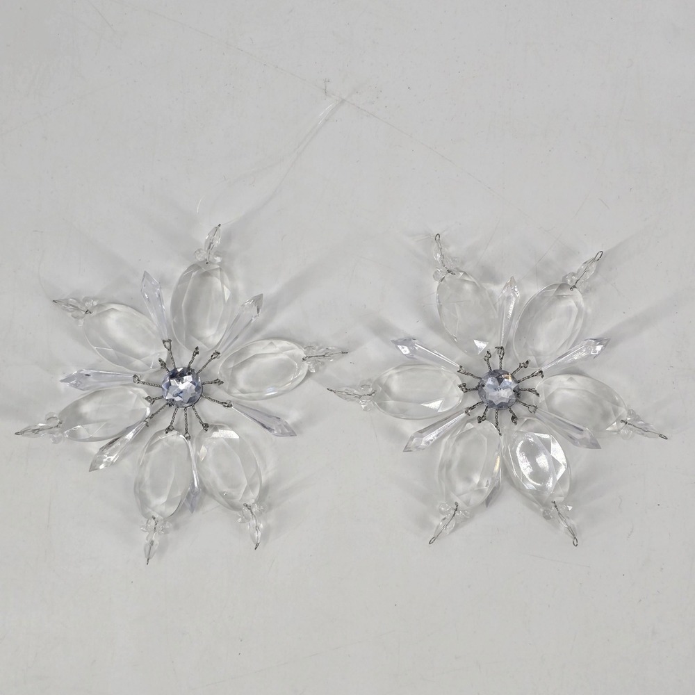 Vintage Handmade Clear Acrylic Flower Christmas Ornaments Pair 5.5" Beaded